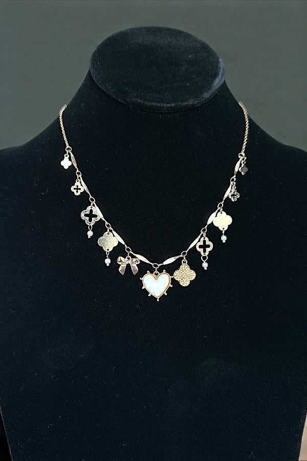 MOTHER OF PEARL HEART MULTI CHARM NECKLACE