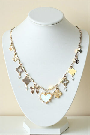 MOTHER OF PEARL HEART MULTI CHARM NECKLACE