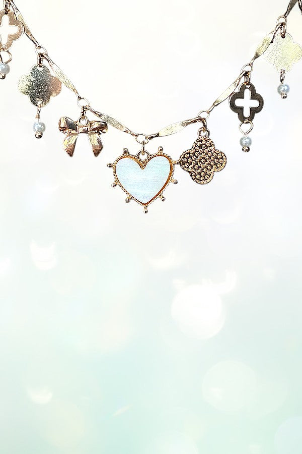 MOTHER OF PEARL HEART MULTI CHARM NECKLACE