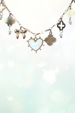 MOTHER OF PEARL HEART MULTI CHARM NECKLACE