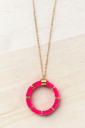 DISC BEAD HOOP PENDANT LONG NECKLACE AND BALL POST EARRING SET