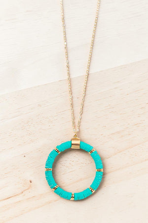 DISC BEAD HOOP PENDANT LONG NECKLACE AND BALL POST EARRING SET