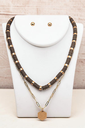 DISK BEAD HEXAGON PENDANT LAYERED NECKLACE AND BALL STUD EARRING SET