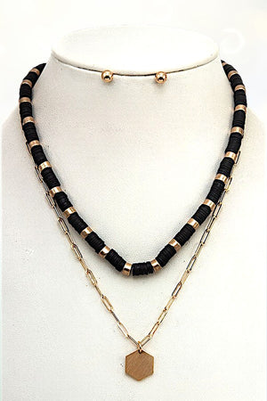 DISK BEAD HEXAGON PENDANT LAYERED NECKLACE AND BALL STUD EARRING SET