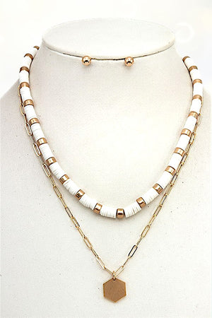 DISK BEAD HEXAGON PENDANT LAYERED NECKLACE AND BALL STUD EARRING SET