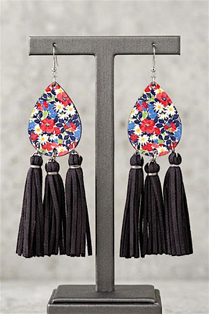 FLORAL TEARDROP FAUX SUEDE TASSEL DROP EARRING