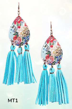 FLORAL TEARDROP FAUX SUEDE TASSEL DROP EARRING