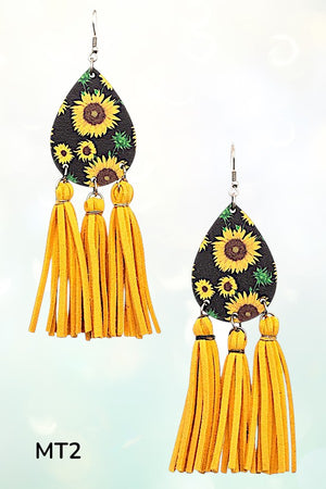 FLORAL TEARDROP FAUX SUEDE TASSEL DROP EARRING