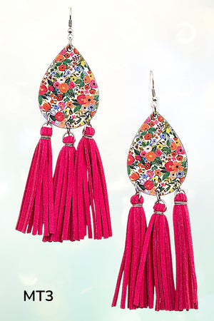 FLORAL TEARDROP FAUX SUEDE TASSEL DROP EARRING