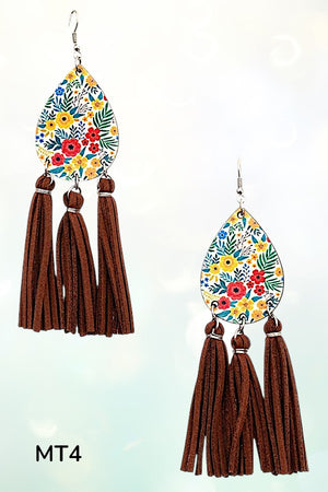 FLORAL TEARDROP FAUX SUEDE TASSEL DROP EARRING