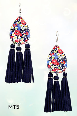 FLORAL TEARDROP FAUX SUEDE TASSEL DROP EARRING