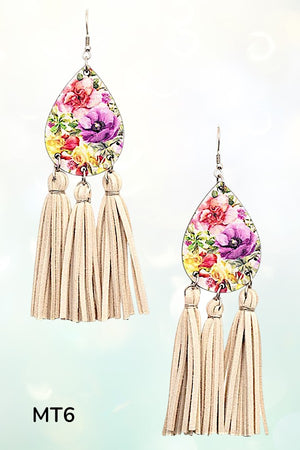 FLORAL TEARDROP FAUX SUEDE TASSEL DROP EARRING