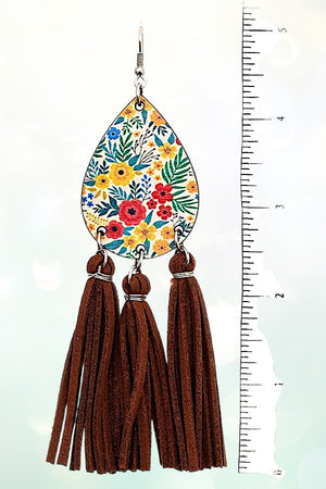 FLORAL TEARDROP FAUX SUEDE TASSEL DROP EARRING
