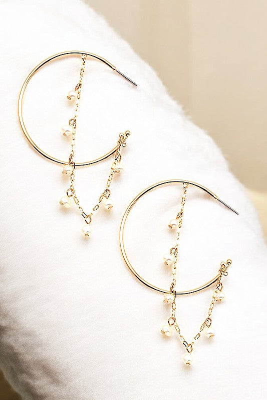 SEMI HOOP PEARL CHAIN DROP EARRING