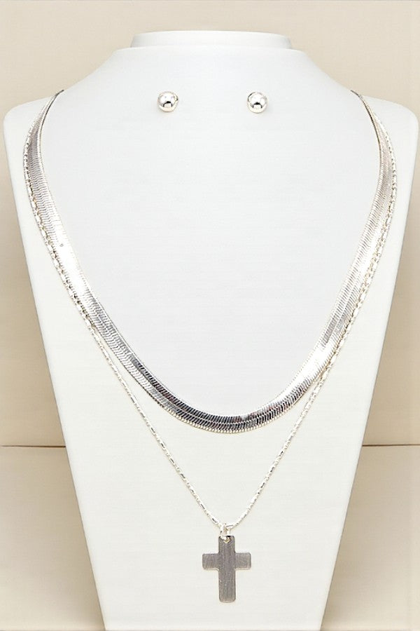 FLAT CHAIN CROSS PENDANT NECKLACE SET