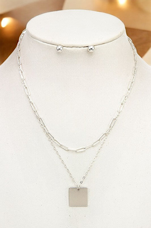 SQUARE PENDANT LAYERED CHAIN NECKLACE SET