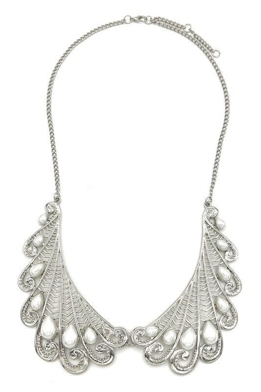 Pearl Cut Out Metal Wing Necklace