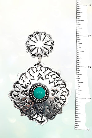 WESTERN THEME TQ GEM ACCENT ETCHED CONCHO DROP EARRING