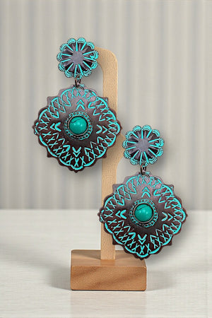 WESTERN THEME TQ GEM ACCENT ETCHED CONCHO DROP EARRING