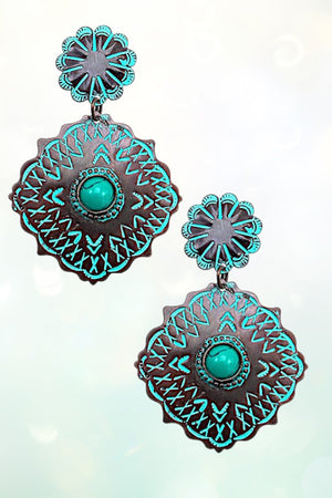 WESTERN THEME TQ GEM ACCENT ETCHED CONCHO DROP EARRING