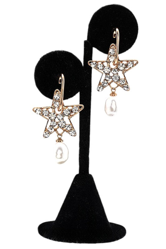 GEM PAVE STAR PEARL DANGLE EARRING