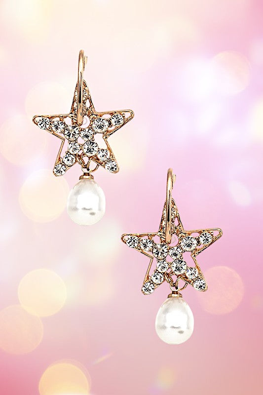 GEM PAVE STAR PEARL DANGLE EARRING