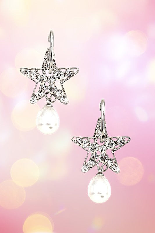 GEM PAVE STAR PEARL DANGLE EARRING