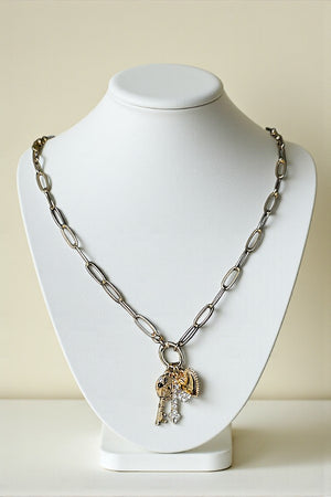 RHINESTONE PAVE CROSS MULTI CHARM NECKLACE