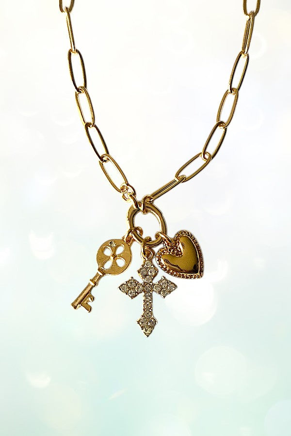 RHINESTONE PAVE CROSS MULTI CHARM NECKLACE