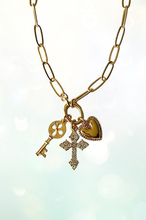 RHINESTONE PAVE CROSS MULTI CHARM NECKLACE