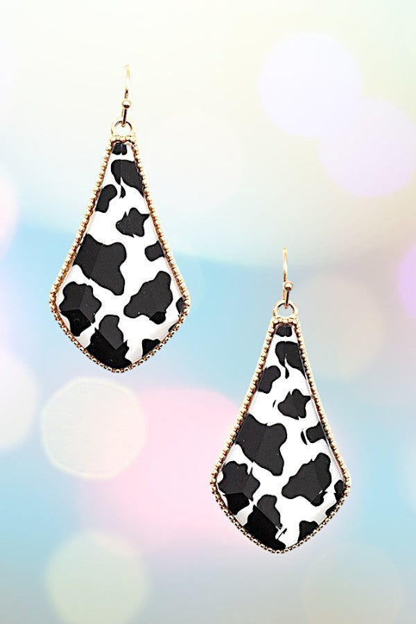 FACETED COW PRINT DROP FRAMED EARRING