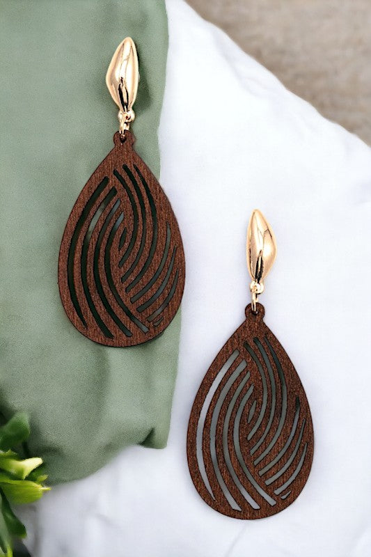 WOODEN CUT OUT TEARDROP EARRING