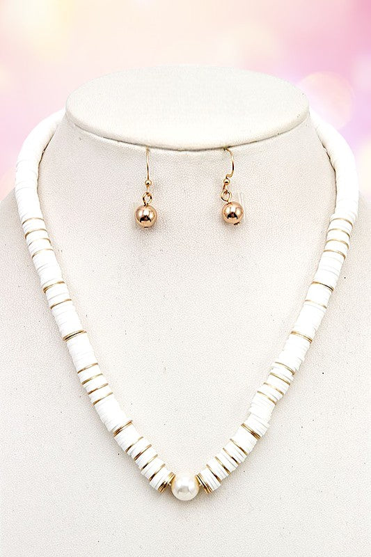 Disk Bead Pearl Accent Necklace Set