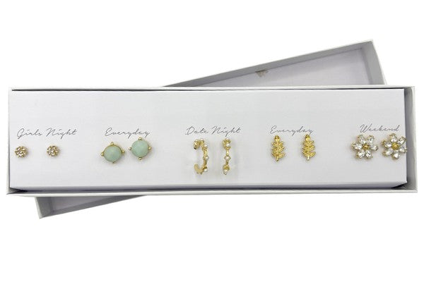 Floral Leaf Gem Mix Box Earring Set