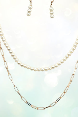 PEARL AND PAPER CLIP CHAIN LAYERED NECKLACE AND MULTI PEARL DROP EARRING SET