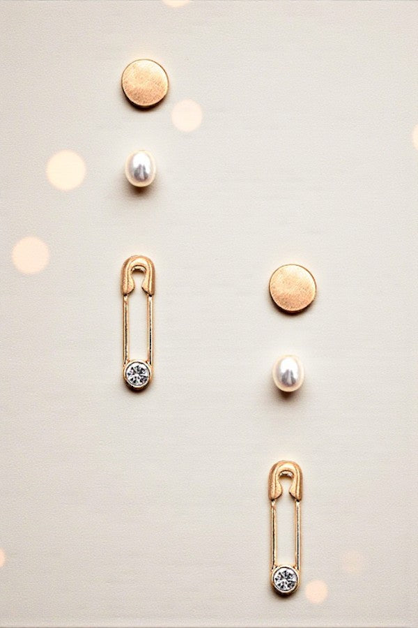 SAFETY PIN ROUND POST EARRING SET