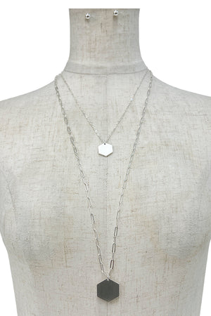 Long Layered Hexagon Pendant Necklace Set
