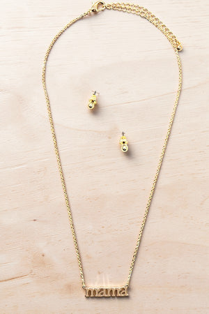 MAMA PENDANT NECKLACE AND BALL POST EARRING SET