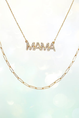 GEM PAVE MAMA PENDANT LAYERED CHAIN NECKLACE AND GEM POST EARRING SET