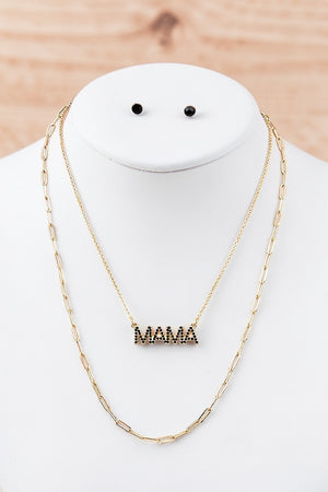 GEM PAVE MAMA PENDANT LAYERED CHAIN NECKLACE AND GEM POST EARRING SET