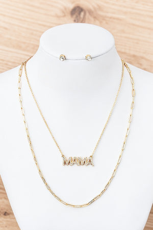 GEM PAVE MAMA PENDANT LAYERED CHAIN NECKLACE AND GEM POST EARRING SET
