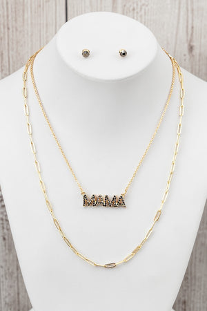 GEM PAVE MAMA PENDANT LAYERED CHAIN NECKLACE AND GEM POST EARRING SET