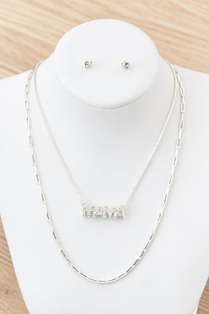 GEM PAVE MAMA PENDANT LAYERED CHAIN NECKLACE AND GEM POST EARRING SET