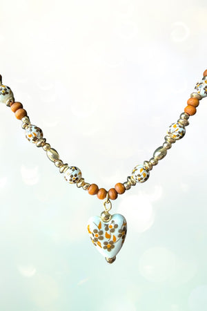CERAMIC HEART PENDANT MIX BEAD NECKLACE