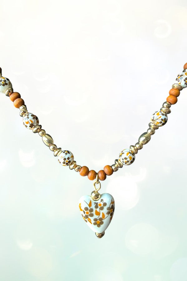 CERAMIC HEART PENDANT MIX BEAD NECKLACE