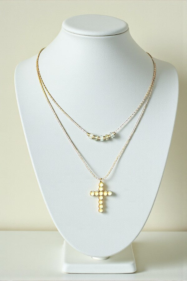BALL BEAD CROSS DANGLE LAYERED NECKLACE