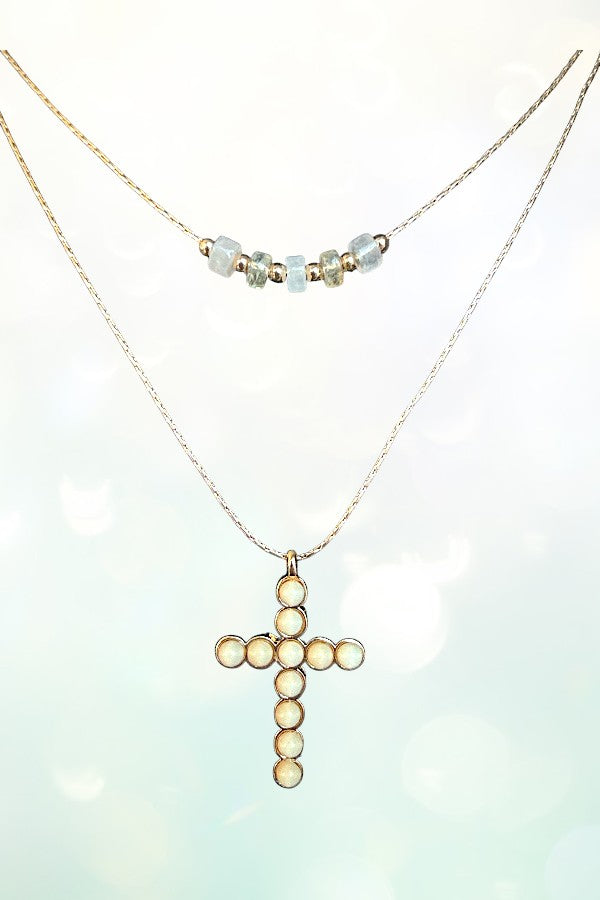BALL BEAD CROSS DANGLE LAYERED NECKLACE