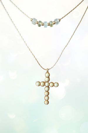 BALL BEAD CROSS DANGLE LAYERED NECKLACE