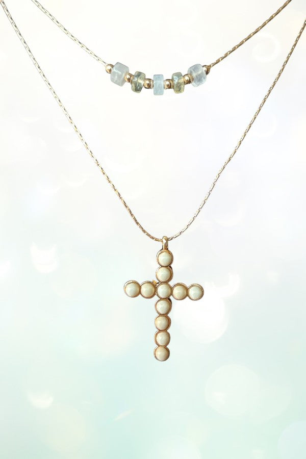 BALL BEAD CROSS DANGLE LAYERED NECKLACE
