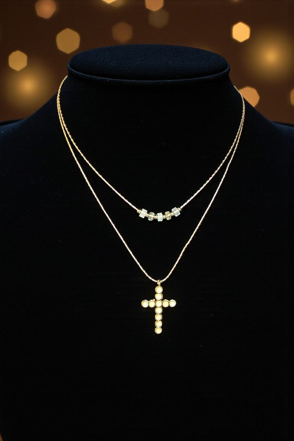 BALL BEAD CROSS DANGLE LAYERED NECKLACE